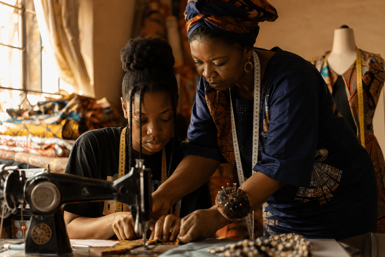 A SkillPayy Academy instructor guiding an apprentice through garment construction